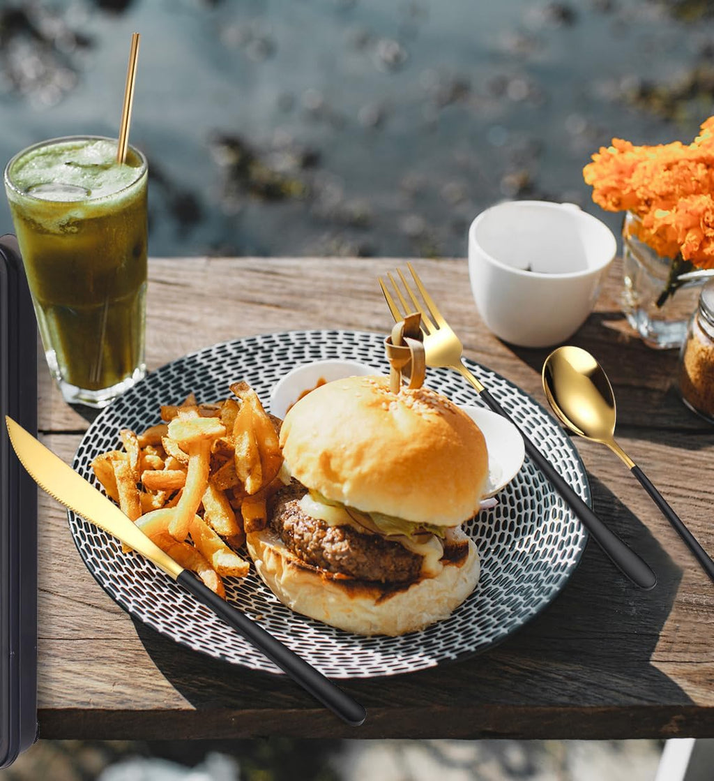 AARAINBOW 6 Pieces 18/8 Stainless Steel Flatware Set Portable Reusable Cutlery Set Travel Utensils Set Including Chopsticks Knife Fork Spoon Straws Cleaning Brush Dishwasher Safe (Black golden)