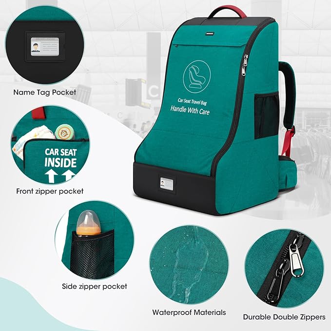 RAINSMORE Padded Car Seat Travel Bag for Airplane Heavy Duty Car Seat Backpack for Air Travel Baby Carseat Cover Bags for Airport Large Car Seats Carrier Fits Car Seats & Booster Seats, Green-BubblyBeeBaby