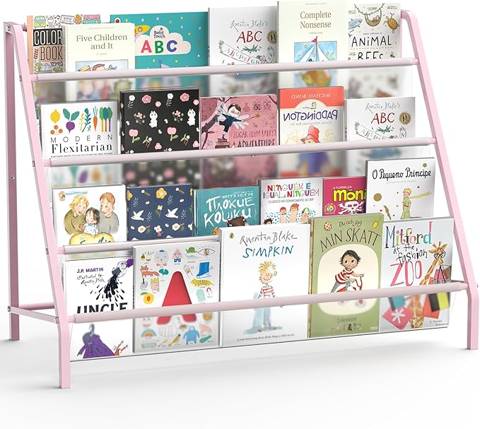 High-Transparent 4 Tier Kids Bookshelf, Sturdy Metal Large Size Book Rack Storage for Kids - Toddler Book Shelf Display for Nurasery, Playroom or Kids Room, Bookshelf Hold More Books - Pink-BubblyBeeBaby