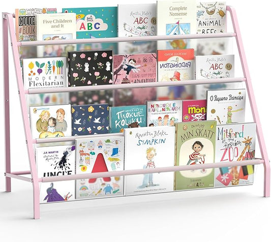 High-Transparent 4 Tier Kids Bookshelf, Sturdy Metal Large Size Book Rack Storage for Kids - Toddler Book Shelf Display for Nurasery, Playroom or Kids Room, Bookshelf Hold More Books - Pink-BubblyBeeBaby