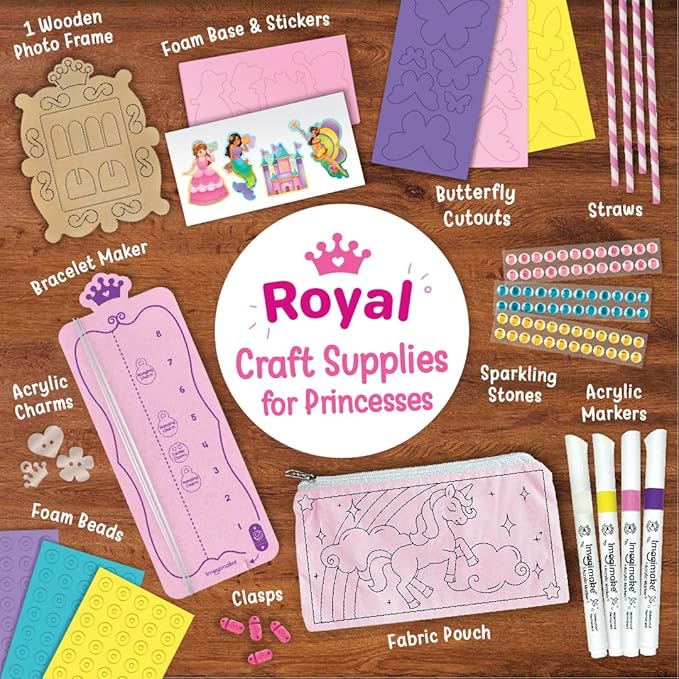Imagimake Princess Craft Kit | 10 Mess-Free DIY Activities | Bracelet Making Kit, Unicorn Pouch, Butterfly Wands & Photo Frame | Girls Toys Age 6-8 | 5,6,7,8,9,10,11,12 Year Old Girl Birthday Gifts-BubblyBeeBaby