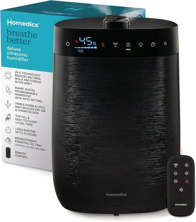Homedics Deluxe Ultrasonic Humidifier for Large Rooms, Warm or Cool Mist, UV-C Technology, 1.5-Gallon Top Fill Tank, Smart Digital Programmable Humidistat, Home Dry Air Relief, Aromatherapy-BubblyBeeBaby