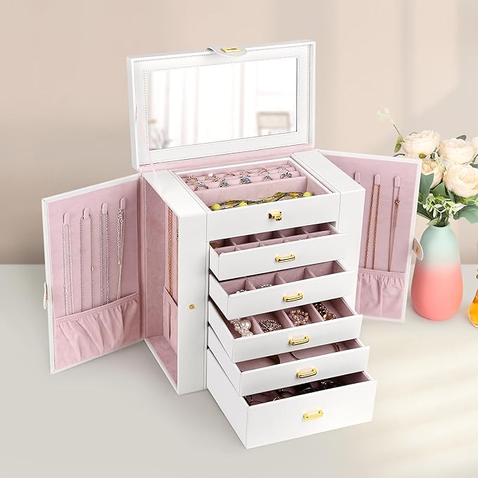 Kendal Extra Large Jewelry Box Jewelry Case PU Leather 6 Tier 5 Drawers Large Storage Capacity with Mirror Jewelry Storage Organizer Great Gift Also Good For Watches LJC-SHD5CM(White)-BubblyBeeBaby
