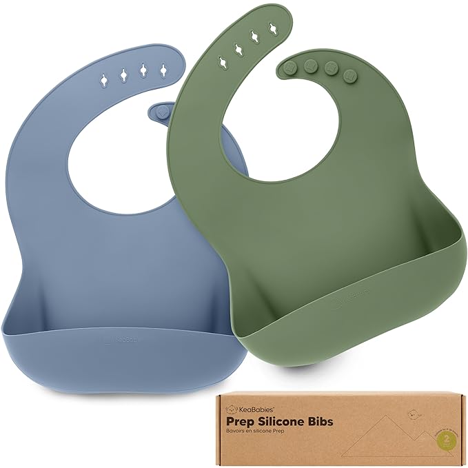 KeaBabies 2-Pack Silicone Baby Bibs for Eating - Sturdy Food-Grade Silicone Bibs for Babies Girl, Boy, Large Food Catcher, Clean & Put On Easily, Waterproof Toddler Feeding Essentials (Slate)-BubblyBeeBaby