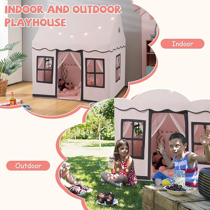 INFANS Kids Play Tent with Washable Mat Star Light Windows, Anti-Trip Large Playhouse Toys for Children Boys Girls, Indoor Outdoor Princess Tents Castle for Toddlers (Pink)-BubblyBeeBaby