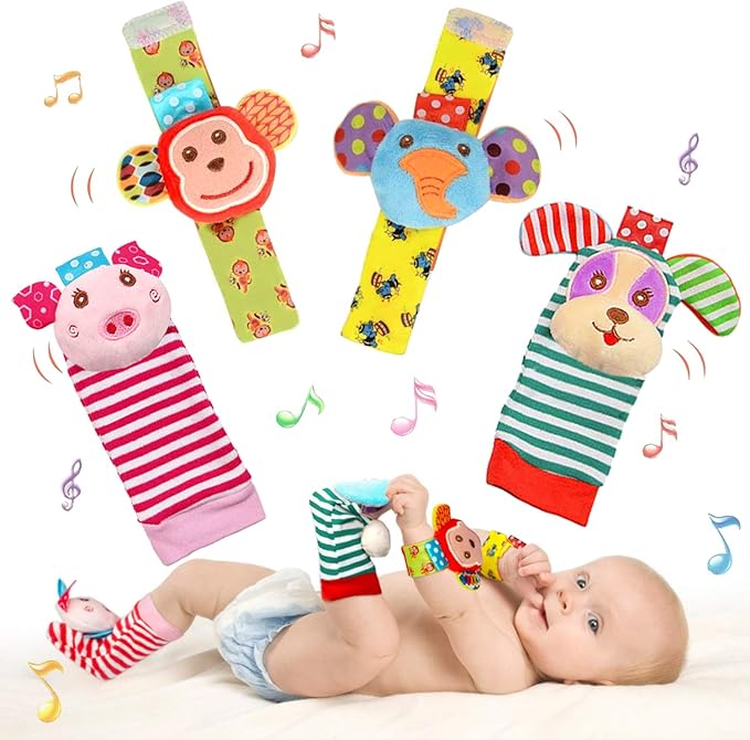 Infant Rattle Socks Toys 0 to 12 Months, Baby Wrist Rattle Foot Finder Socks Set, Birthday Holiday Present for Newborn Boy Girl 0/3/4/6/7/8/9/12/18 Months Kids Toddler, Gift Box Package (4A)-BubblyBeeBaby