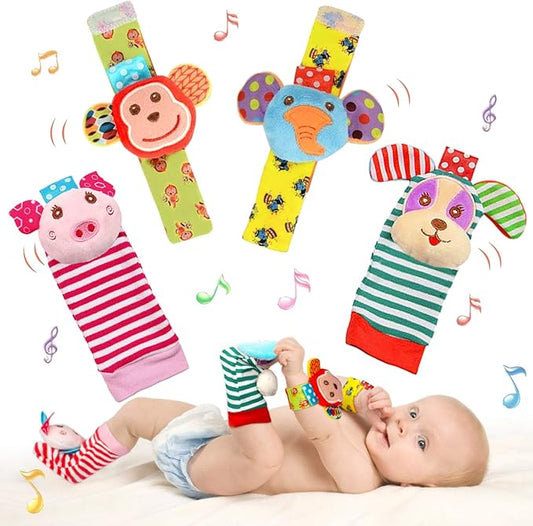 Infant Rattle Socks Toys 0 to 12 Months, Baby Wrist Rattle Foot Finder Socks Set, Birthday Holiday Present for Newborn Boy Girl 0/3/4/6/7/8/9/12/18 Months Kids Toddler, Gift Box Package (4A)-BubblyBeeBaby