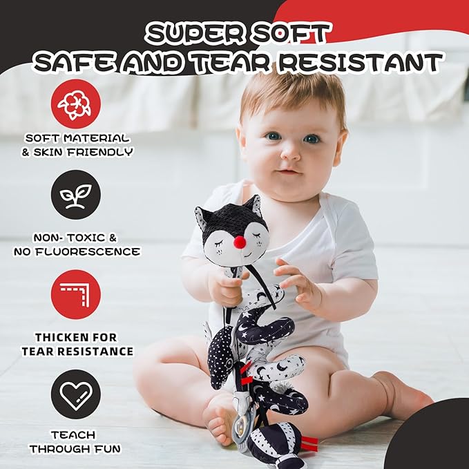 Jollybaby Crib Stroller Car Seat Toys for Baby 0-3-6-9-12 Months, Tummy Time Hanging Sensory Toys for Newborn with Music Box and Teether, Spiral Carseat Toy for Infant Boy Girl Gift (Black and White)-BubblyBeeBaby