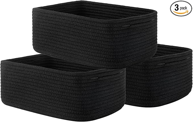 KALLAX Small Woven Basket, 13.5 x 9.5 x 5 Inches, Storage Basket for Organizing, Cute Small Rope Shelf Closet Cube Storage Bins Baskets for Shelves, Dog Toy Gift Baskets Empty, 3 Packs, Black-BubblyBeeBaby