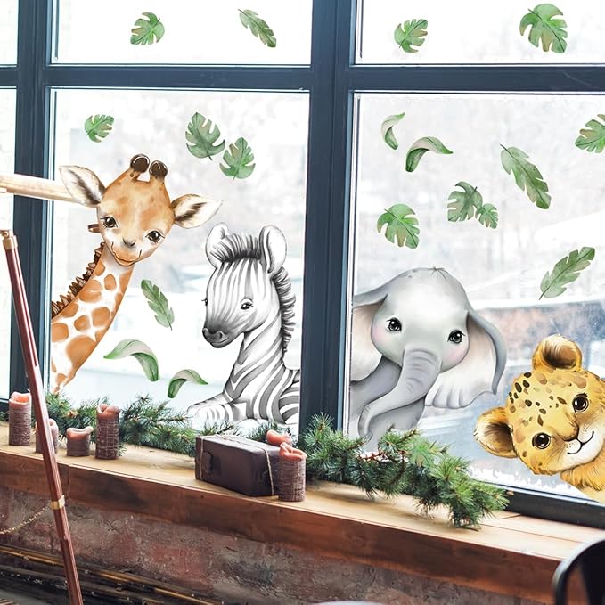 22.44 x 21.25 Inch Watercolor Jungle Animal Window Clings Tiger Lion Elephant Zebra Window Stickers Double-Side Safari Animal Window Stickers for Baby Nursery Playroom Bedroom Window Glass Wall Decor-BubblyBeeBaby