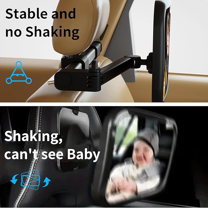Baby Car Mirror Rear Facing, Safety Adjustable Car Seat Mirror for Baby Extendable Camera Monitor with Hook Clip Design Clear View ShatterProof + 2 Baby on Board Stickers,2 Seat Headrest Hook-BubblyBeeBaby