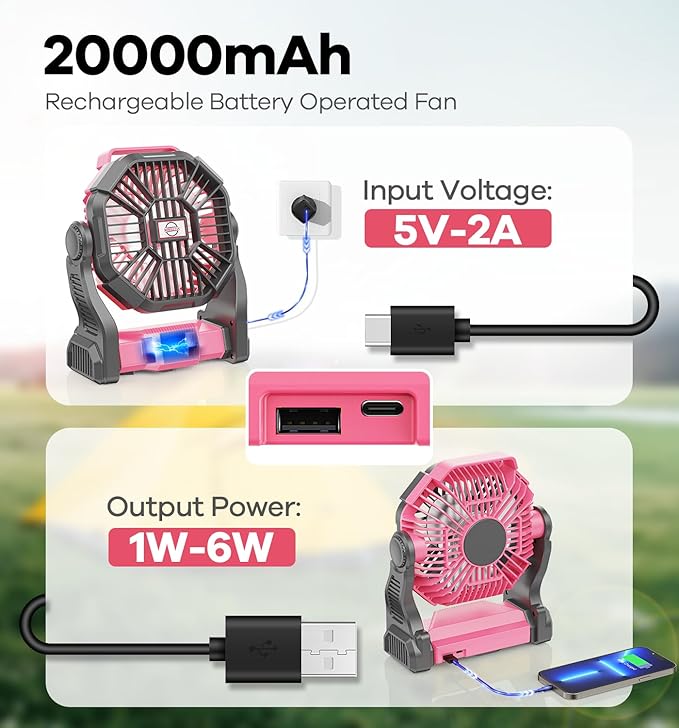 20000mAh Portable Battery Powered Camping Fan - with LED Light, Quiet Battery Operated, Camping Gear for Travel, Tent, Beach, Car or Hurricane Power Outages, Pink-BubblyBeeBaby