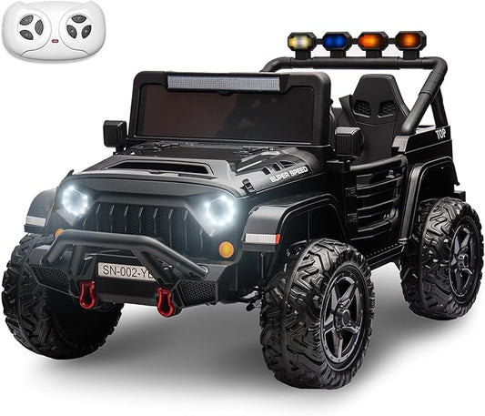 24V 2 Seater Ride On Truck with Remote Control 4WD Electric Car for Kids Ride On Car Battery Powered Ride On Toy Car with Music Player, LED Lights, Bluetooth, Rear Shock Absorber, Black-BubblyBeeBaby
