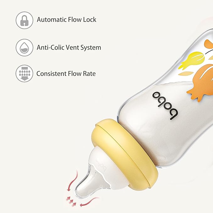 YOHKOH Natural Glass Baby Bottle with Natural Response Nipple, Newborn Anti-Colic Baby Bottles, Wide Neck Mushroom Cap Baby Bottle, Clear (Yellow, (5.4oz (Pack of 2))-BubblyBeeBaby