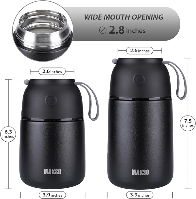 Insulated Thermo Food Jar for Hot & Cold Food for Kids Adult, 17&24 oz Soup Thermal Hot Food Containers for Lunch, Triple Layer Insulation Stainless Steel Food Jar with Spoon (2 Pack Black)-BubblyBeeBaby