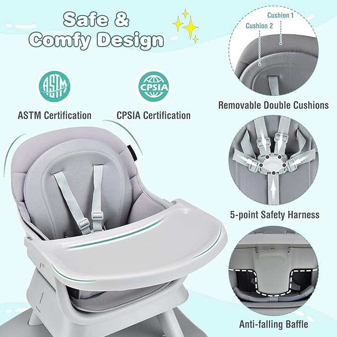 HONEY JOY 8 in 1 Baby High Chair, Convertible Highchair for Babies and Toddlers/Table and Chair Set/Building Block Table/Booster Seat/Stool/Toddler Chair with Safety Harness (Gray)-BubblyBeeBaby