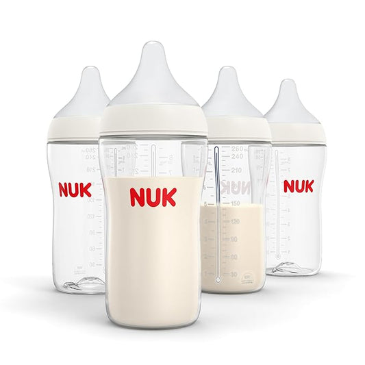 NUK Perfect Match 2-in-1 Natural and Anti-Colic Bottle with Medium Flow, Wide, Adaptable Nipple, 8oz., 4 Pack, BPA Free-BubblyBeeBaby