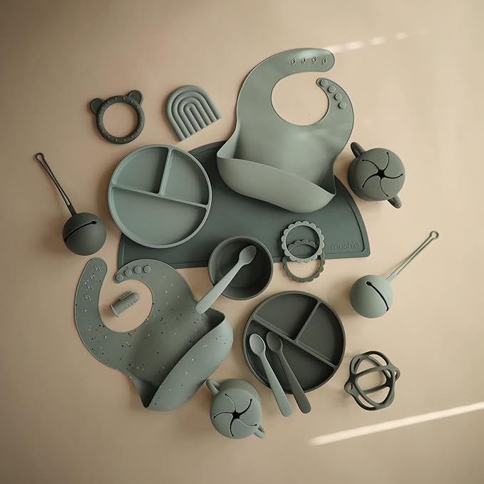 mushie Silicone Baby Bib | Adjustable Fit Waterproof Bibs (Cambridge Blue)-BubblyBeeBaby