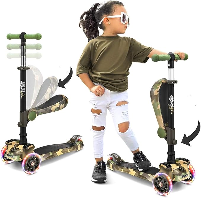 Hurtle 3-Wheeled Scooter for Kids - Wheel LED Lights, Adjustable Lean-to-Steer Handlebar, and Foldable Seat - Sit or Stand Ride with Brake for Boys and Girls Ages 1-14 Years Old-BubblyBeeBaby