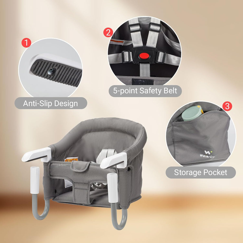 Hook On High Chair Portable & Foldable for Babies 6-36 Months Attach to Fast Table Clip On High Chair with Travel Bag - Compact Baby Feeding Seat for Home Dining & Travel (Grey)