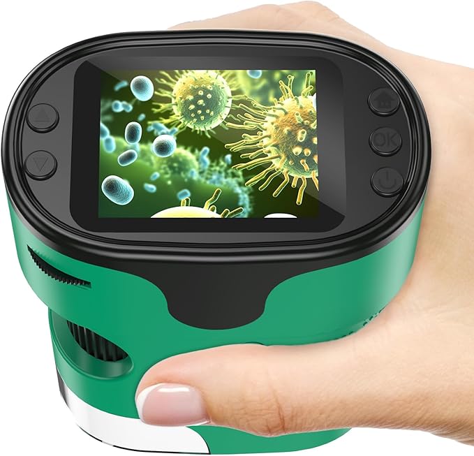 1000X Handheld Microscope for Kids 4K 2.0" Screen Rechargeable Mini Pocket Digital Microscopes w/Slides Kit Portable Edu Gift Age 4-6 8-12 Children Students (Green)-BubblyBeeBaby