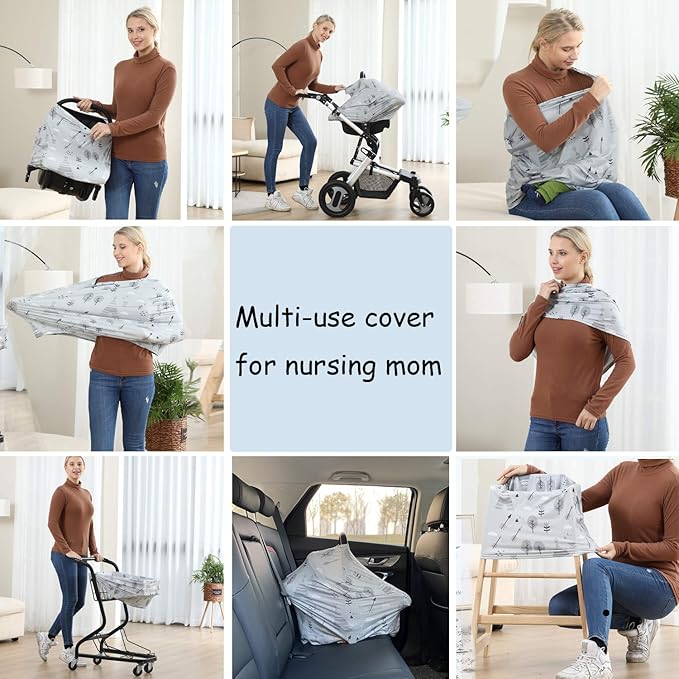 Multi-use Cover Carseat Canopy - Car Seat Covers for Babies, Breastfeeding Cover (Grey Grove)-BubblyBeeBaby