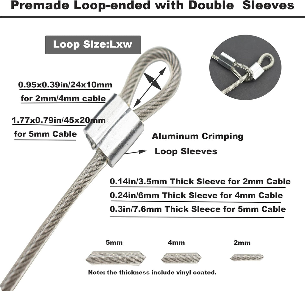 5 Pcs 4mm Wire 24 inch Vinyl Coated Stainless Steel Cable with Loops Short Wire Rope Lanyard Lock Security Chain Link for Outdoor Gates, Clear(4mm x 24inch)