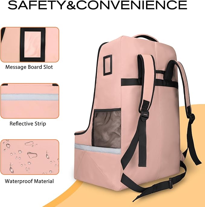 Car Seat Travel Bag for Airplane,Infant Seat Travel Bag with Shoulder Strap,Padded Car Seats Backpack with Reflective Stripes,Large Carseat Carrier Bag Travel Car Seat Cover,Flesh Pink-BubblyBeeBaby