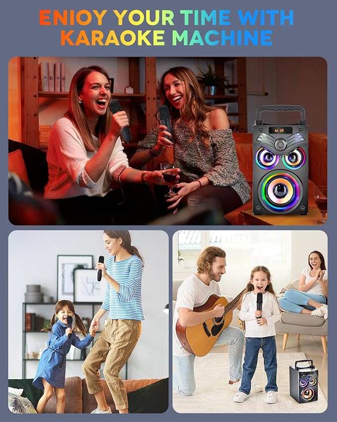 Karaoke Machine,Portable Bluetooth Karaoke Speaker with 2 Wireless Microphone for Adults Kids,with 20W(Peak) Speaker,Handle &RGB Lights,Supports TF Card/USB/Aux in/TWS,for Home,Party-BubblyBeeBaby