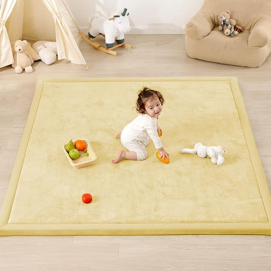 1.3" Thick Baby Play Mat for Floor Playpen, 50x50 Foam Tummy Time Mat, Padded Support Soft Plush Nursery Rug for Infant Kids Toddler Crawling Kick Activity (Vanilla)-BubblyBeeBaby