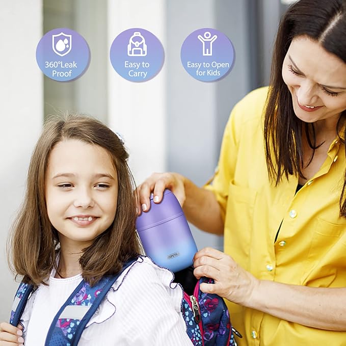 17 oz Insulated Lunch Containers Hot Food Jar, Wide Mouth Lunch Thermo for Hot Food Kids Adults, Vacuum Stainless Steel Thermo Lunch Box With Handle Folding Spoon for School, Office(Purple blue)-BubblyBeeBaby