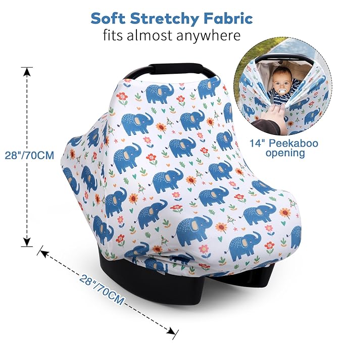 Rquite All-in-1 Car Seat Cover Baby, Carseat Covers for Girl Boy, Stretchy Soft Infant Car Seat Cover, Multi-use Baby Carrier Cover, Car Seat Canopy, Stroller Sun Shade, Nursing Breastfeeding Cover-BubblyBeeBaby