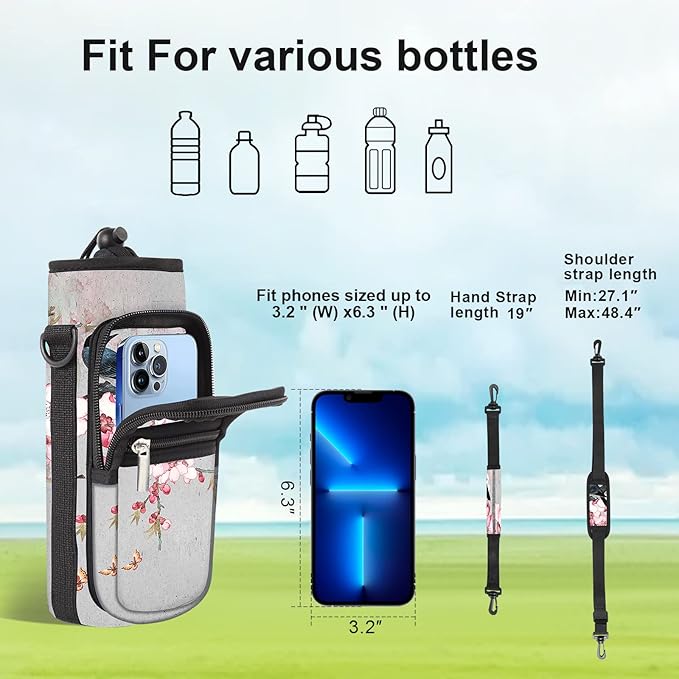 25/32/40/64oz Water Bottle Bag Holder Carrier-Insulated Crossbody Sling Case Sleeve with Strap & Pockets for Men Women Gym Cycling Travel Walking Hiking Camping-BubblyBeeBaby