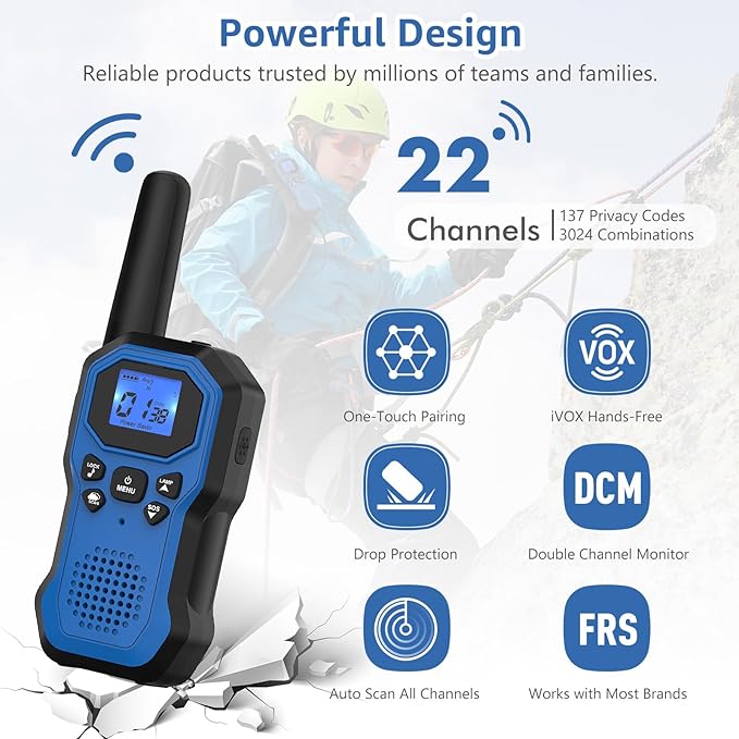 2 Way Radios for Adults Long Range Walkie Talkies for Kids Rechargeable 4 Pack, Camping Hiking Skiing Cruising Gear with Lamp, USB-C, SOS Siren, NOAA Alert, iVOX Hands-Free, One-Touch Pairing-BubblyBeeBaby
