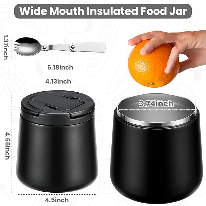20oz Insulated Vacuum Food Jar with Buckle Lid,Soup Thermo for Hot Food Kids,Wide Mouth Leakproof Stainless Steel Lunch Container with Spoon-Black-BubblyBeeBaby