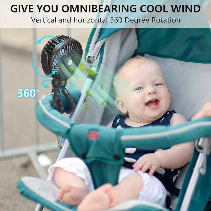 snawowo Mini Portable Baby stroller Fan, Battery Operated Personal Small Handheld Fan, 360° Rotate Flexible Tripod Rechargeable Clip On for Car Seat Crib Bike Treadmill Travel Camping Black-BubblyBeeBaby