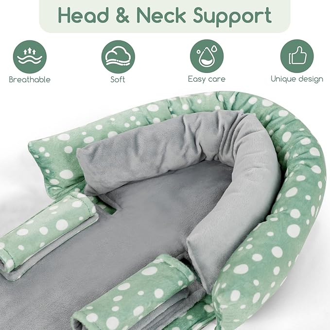 Baby Car Seat Head Support for Newborn, GFU 2 in 1 Infant Car Seat Head Body Support with Strap Pads, Soft Stroller Cushion Pillow Insert for Girls and Boys, Fits for Stroller, Swing, Green-BubblyBeeBaby