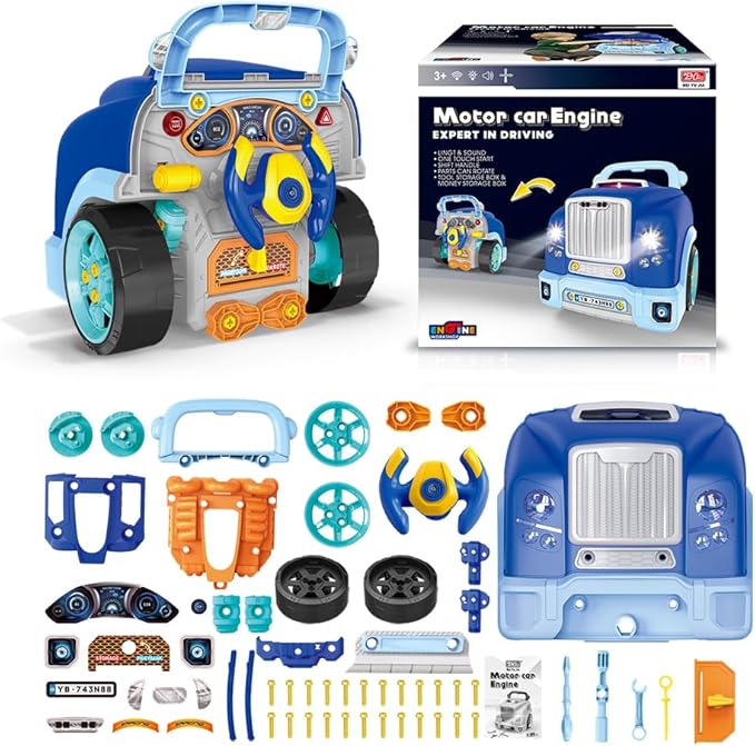 Interactive Truck Engine Toy with Removable Parts - Lights, Sounds, and Fun for Young Mechanics -Unleash Their Creativity and Motor Skills with This Truck Engine Toy (Bule)-BubblyBeeBaby