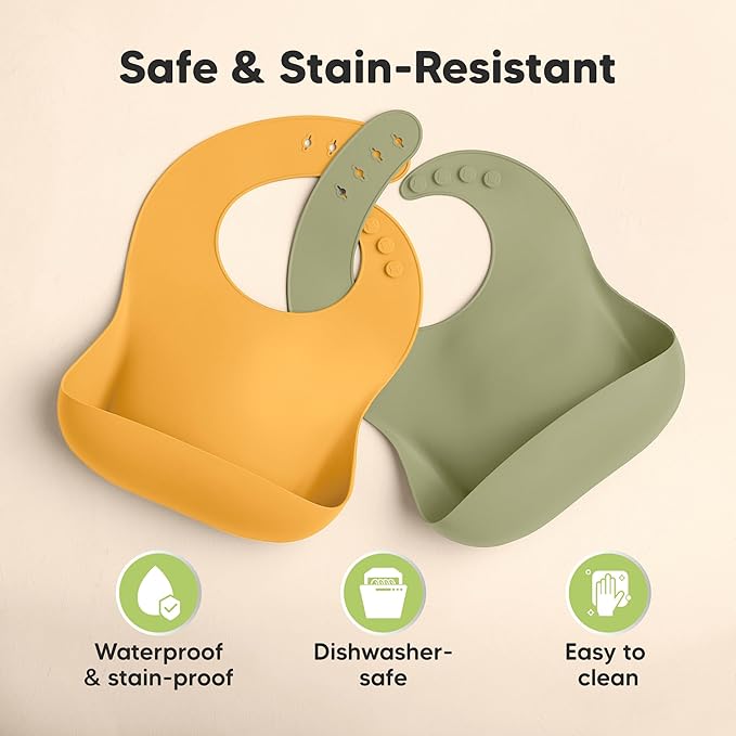 KeaBabies 2-Pack Silicone Baby Bibs for Eating - Sturdy Food-Grade Silicone Bibs for Babies Girl, Boy, Large Food Catcher, Clean & Put On Easily, Waterproof Toddler Feeding Essentials (Forest)-BubblyBeeBaby