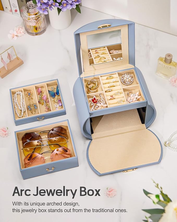 Homde Girls Jewelry Box Jewelry Storage Case Organizer Faux Leather with Mirror for Rings, Earrings, Bracelets, Necklaces (Grey Blue)-BubblyBeeBaby