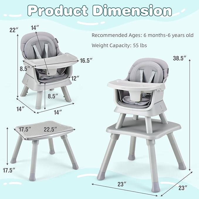 HONEY JOY 8 in 1 Baby High Chair, Convertible Highchair for Babies and Toddlers/Table and Chair Set/Building Block Table/Booster Seat/Stool/Toddler Chair with Safety Harness (Gray)-BubblyBeeBaby