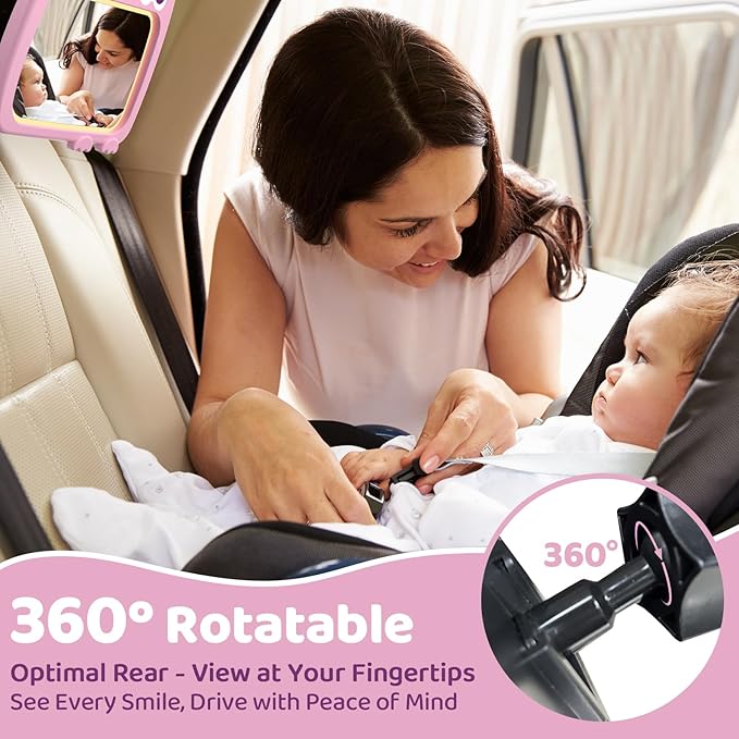 2-in-1 Baby Car Mirror with Lights & Soft Sounds, Cry Detector, Clear Night View, 360° Rotation, Shatterproof, Rear Facing Baby Car Seat Mirror with Remote Control, Perfect Baby Shower Gifts (Pink)-BubblyBeeBaby
