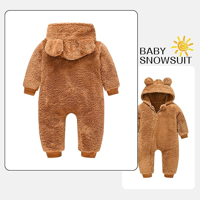 Baby Fleece Jumpsuits Infant Bear Ear Snowsuit Newborn Hooded Romper Warm Coat-BubblyBeeBaby