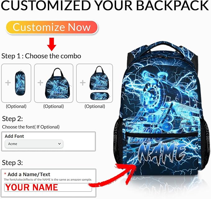 Kids Backpack for Boys, Personalized Train Schoolbag Casual Bag for Primary Senior Middle, 17 Inch Lightweight Durable Custom Lightning Backpacks, Cool Back to School Gift-BubblyBeeBaby