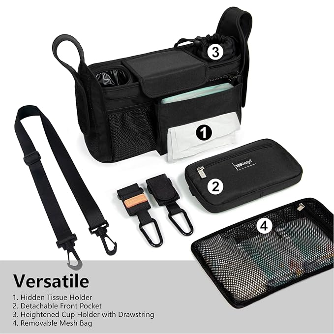 TOPDesign Universal Baby Stroller Organizer, Stroller Caddy with Detachable Mesh Bag & Heightened Insulated Cup Holders & Non-Slip Secure Hooks Accessories, Fits Most Strollers (Black)-BubblyBeeBaby