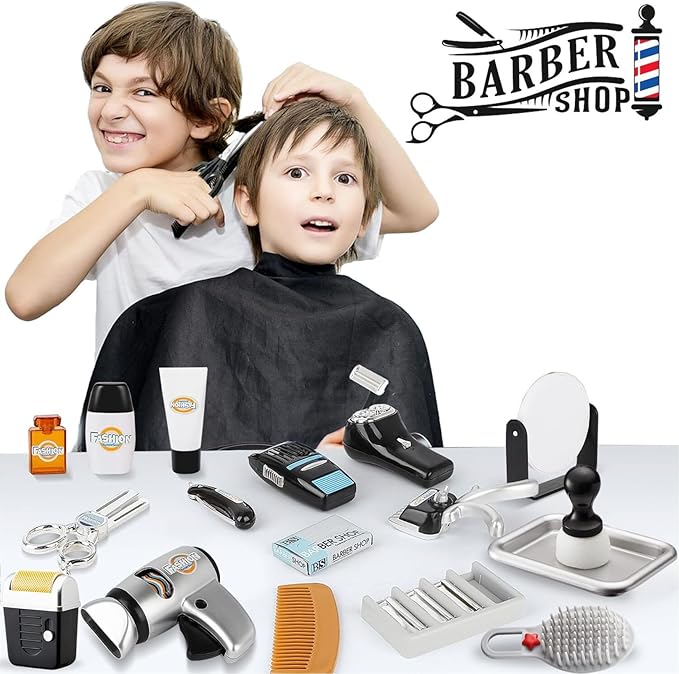 24 Pcs Barber Shop Pretend Play Toy - My First Shaving and Grooming Haircut Kit Toddler Role Play Set with Styling Accessories & Storage Box for Kids, Boys-BubblyBeeBaby