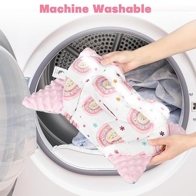 Infant Car Seat Insert with 3 Strap Covers, 3 in 1 Reversible Rainbow Baby Car Seat Head Support for Newborn, Baby Girl Newborn Essentials for Preemie to Infant, Stroller, Swing, Bouncer (Pink)-BubblyBeeBaby