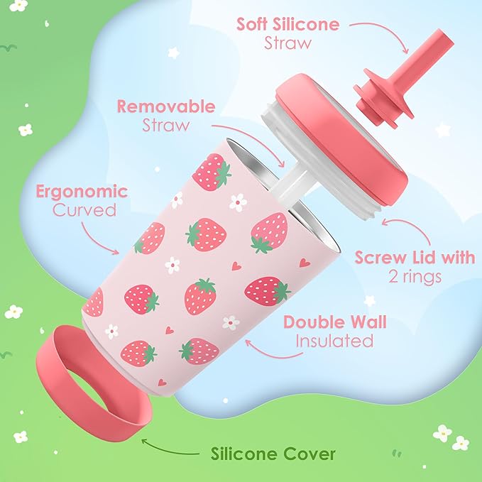 Kid Insulated Stainless Steel Tumbler with Silicone Straw, 12oz Sippy Cup for Kids (Strawberry)-BubblyBeeBaby
