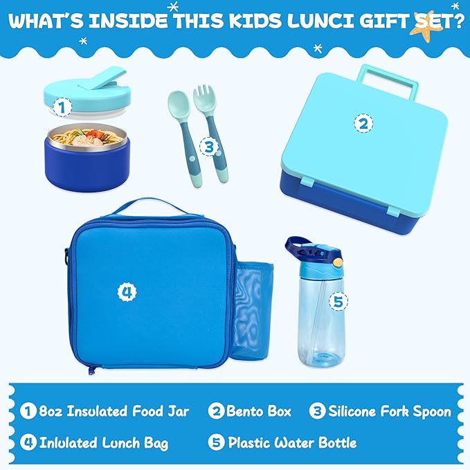 Kids Bento Lunch Box with 8oz Soup Thermo, Water Bottle, Kids Leakproof Lunch Food Containers with 4 Compartment, Insulated Hot Food Jar with Lunch Bag for School, Trvael (Blue)-BubblyBeeBaby