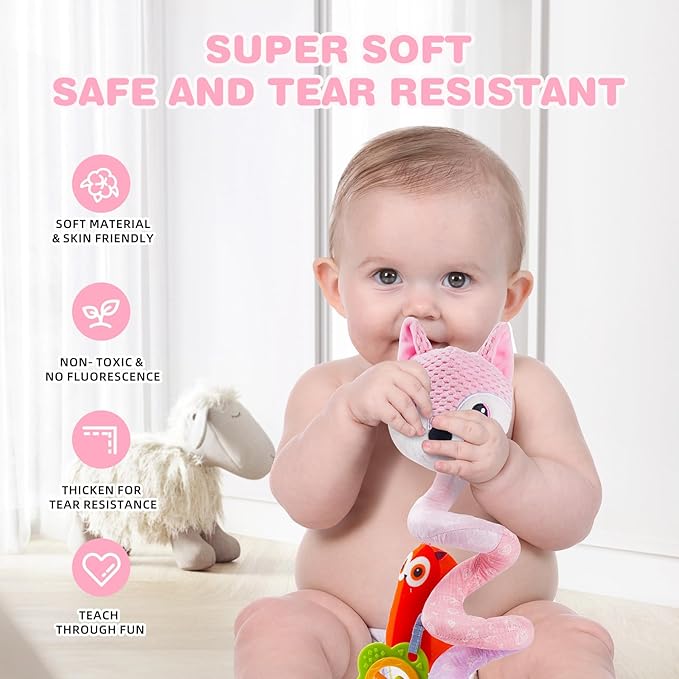 Jollybaby Baby Car Seat Stroller Toys, Plush Activity Hanging Spiral Activity Pram Crib with Music Box, Rattles, Squeaker for Babies Infant Boys Girls(Pink Fox)-BubblyBeeBaby